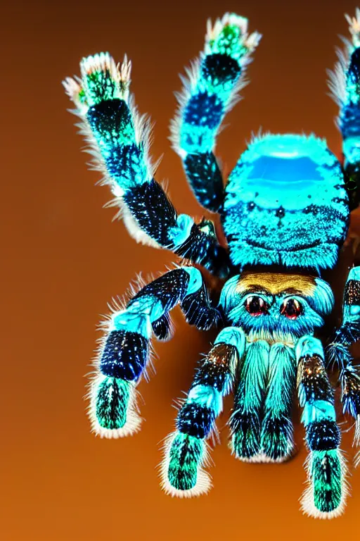 Image similar to high quality macro photo iridescent tarantula! jewelled supercute! highly detailed david ligare elson peter cinematic blue neon lighting high quality low angle hd 8k sharp shallow depth of field