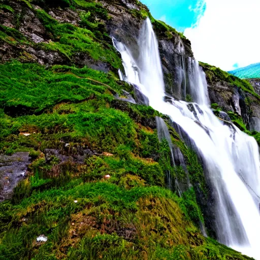 Image similar to great sloping mountain, one has a waterfall in the style of MidJourney 4K details