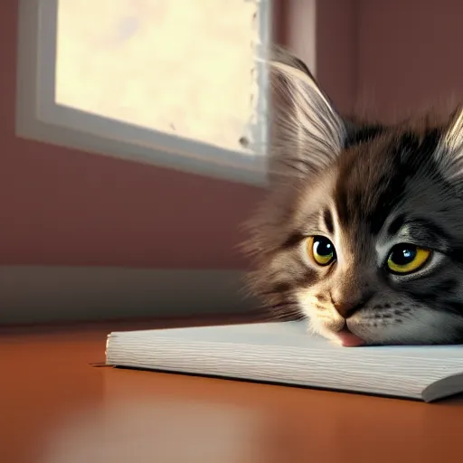 Image similar to eye - level view, a super cute maine coon kitten ate my homework in my room and woke up the next day smart, hilarious, funny, back to school comedy, cg animation, 3 d octane render, imax 7 0 mm,