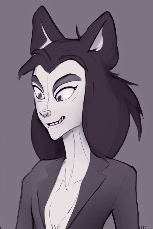 Image similar to concept art of anthromorphic female wolf, in style of cory loftis, female fursona, furry, furaffinity, 4 k, deviantart, furry art, fursona art, wearing black business suit, business suit, in style of zootopia, wolf fursona, cyberpunk, female, very expressive detailed feminine face,