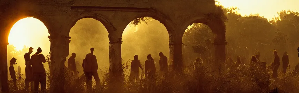 Image similar to group of humans huddled around a bonfire in a decaying building with the world outside overgrown and in ancient architecture ruins from a higher perspective with dramatic lighting photographed with an animorphic lens, rendered in a cinematic hazy dusk sunset golden hour atmosphere photographed by robert frank