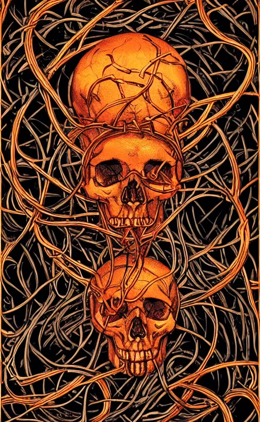 Image similar to tarot card of human skull wrapped in vines + black paper + elements + red + gold + neon + baroque + rococo + white + orange + ink + tarot card with ornate border frame + marc simonetti, paul pope, peter mohrbacher, detailed, intricate ink illustration