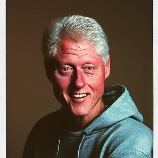 Image similar to polaroid of Bill Clinton wearing a white hoodie and holding a bag of weed sitting on the couch, 8k, very detailed, very intricate,