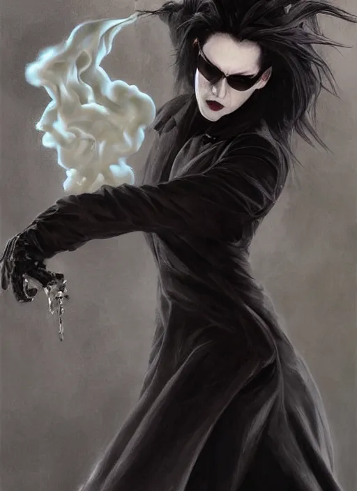 Image similar to neo from matrix 1 as sandman, with fingers and hair turning into smoke, vertigo, full figure dynamic fighting pose, pale skin!, gothic, black overcoat, fantasy, intricate, elegant, highly detailed, digital painting, artstation, concept art, wallpaper, smooth, sharp focus, illustration, art by artgerm and greg rutkowski and alphonse mucha