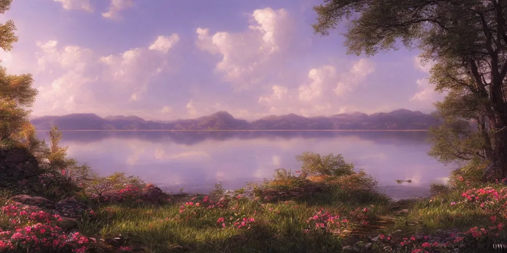 Image similar to a beautiful lake landscape in summer, by Ernest deutsch + Ted Nasmith, cinematic lighting, masterpiece, highly detailed, 8k resolution, trending on art station