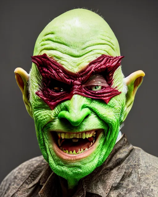 Prompt: A studio photo of the supervillain Green Goblin as an old man, 60 years old, bokeh, 90mm, f/1.4