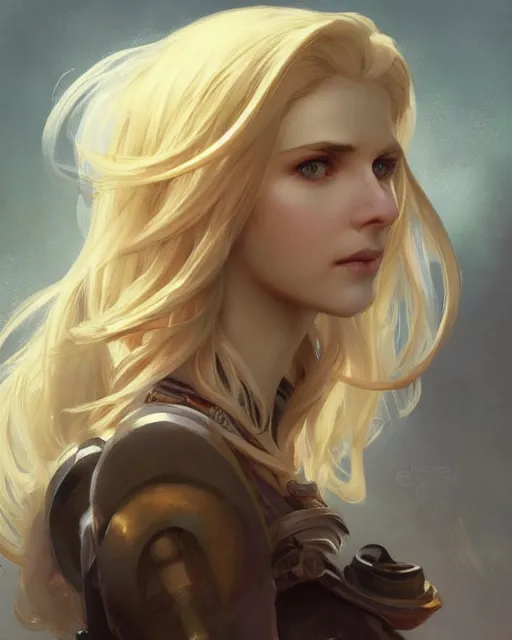 Image similar to '' Portrait of Beautiful blonde Slavic woman in her early 30’s, league of legends, LOL, fantasy, d&d, digital painting, artstation, concept art, sharp focus, illustration, art by greg rutkowski and alphonse mucha ''