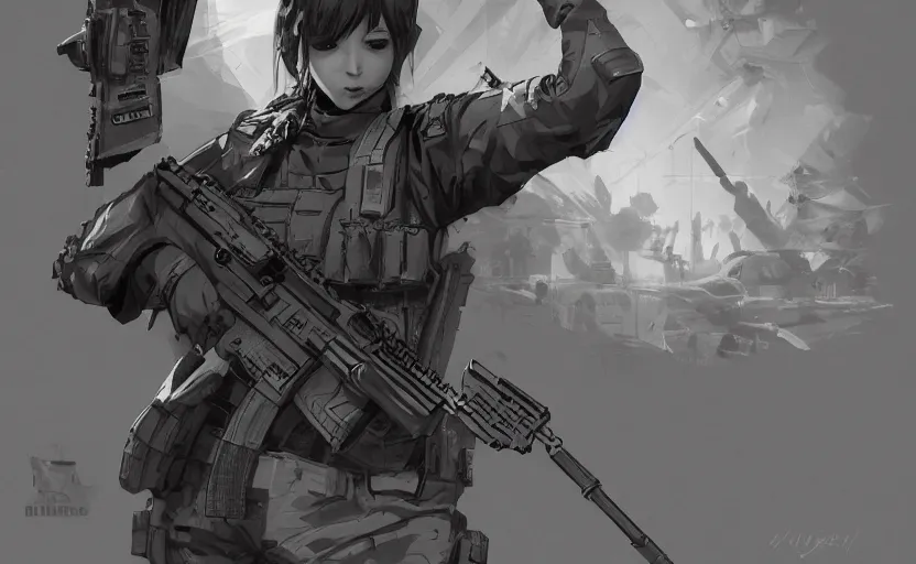 Prompt: highly detailed, high resolution, character design art, stunning, volumetric lightning, realistic guns, modern warfare style, matte, sharp focus, intricate, 150mm, illustration, artstation, by kuvshinov ilya, realistic human anatomy, simple design, realistic military gear, from girls frontline