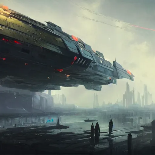 Prompt: A gigantic sci-fi cyberpunk flying destroyer, Magic the Gathering art, art by greg rutkowski, matte painting, trending on artstation, very detailed