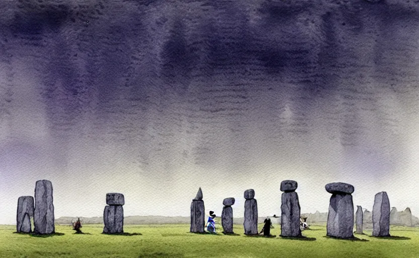 Image similar to a hyperrealist watercolour character concept art portrait of small grey medieval monks levitating stones in the air in front of a complete stonehenge monument on a misty night. a ufo is in the sky. by rebecca guay, michael kaluta, charles vess and jean moebius giraud