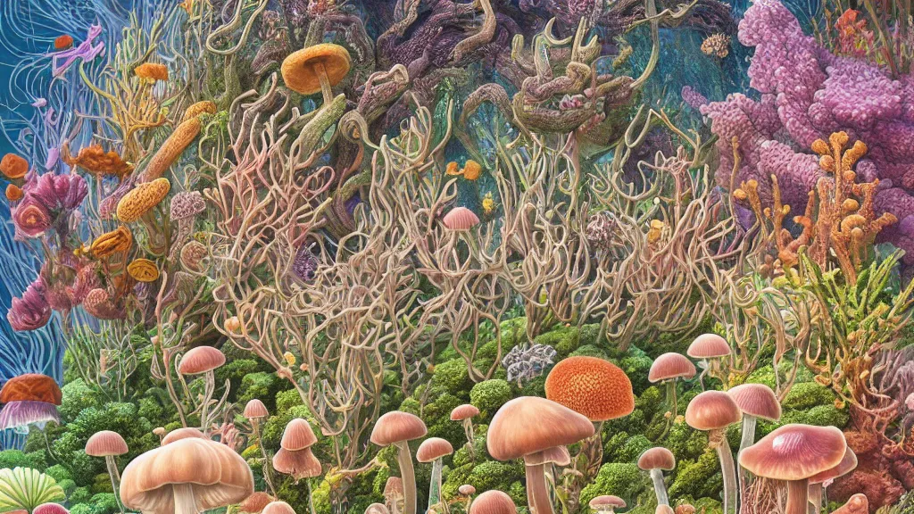 Image similar to highly detailed illustration of all the known species of plants, flowers, corals, mushrooms and jellyfish by juan gatti, by makoto shinkai, by moebius!, by oliver vernon