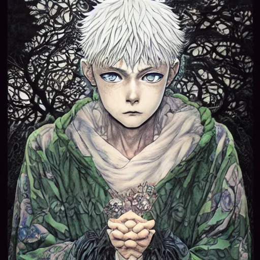 Prompt: beautifil killua zoldyck painted in jacek yerka aykut aydogdu and leslie zhang style drawn by vania zouravliov and takato yamamoto, intricate acrylic gouache painting, high detail, sharp high detail, artstation, manga and anime, detailed face