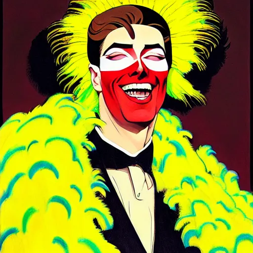 Image similar to art by joshua middleton, the yellow creeper, a tall manically smiling yellow - skinned man with green and black striped cycling shorts and wearing a long red and black striped ostrich feather boa, yellow makeup, mucha, kandinsky, poster, art deco motifs, comic art, stylised design, scarlet feather boa