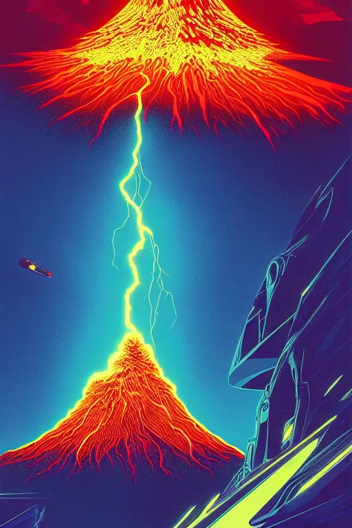 Image similar to artwork by kilian eng and toshi yoshida and moebius showing a futuristic powerstation!! in front of a ( ( exploding volcano ) ), vintage scifi, high details, dramatic lightning,, 8 k