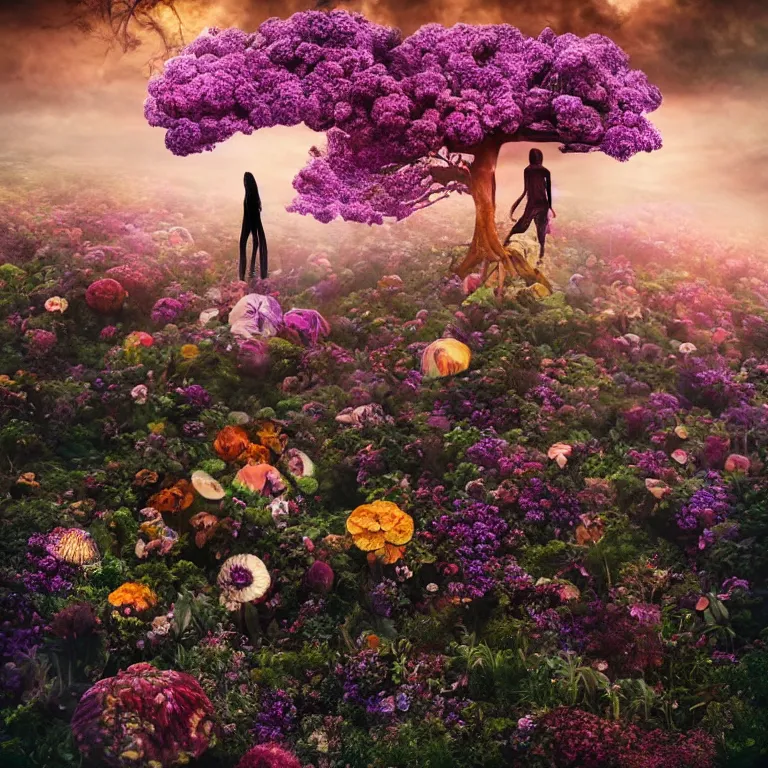 Image similar to a planet of various flowers, fungus and plants, in which the singular human figure is dressed in something magical and impressive, inside the picture is infinity, sunset light, Atmospheric phenomenon, artistic photography, muted colors, conceptual, long exposure outside the city, volumetric light