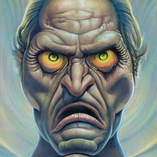 Prompt: very closeup face, big eyes, angry old man, surrealism, painting by boris vallejo and michael whelan