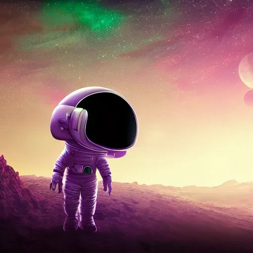 Prompt: lonely astronaut in alien planet filled with plants, with beautiful purple sky, realistic, 4 k, ultra hd