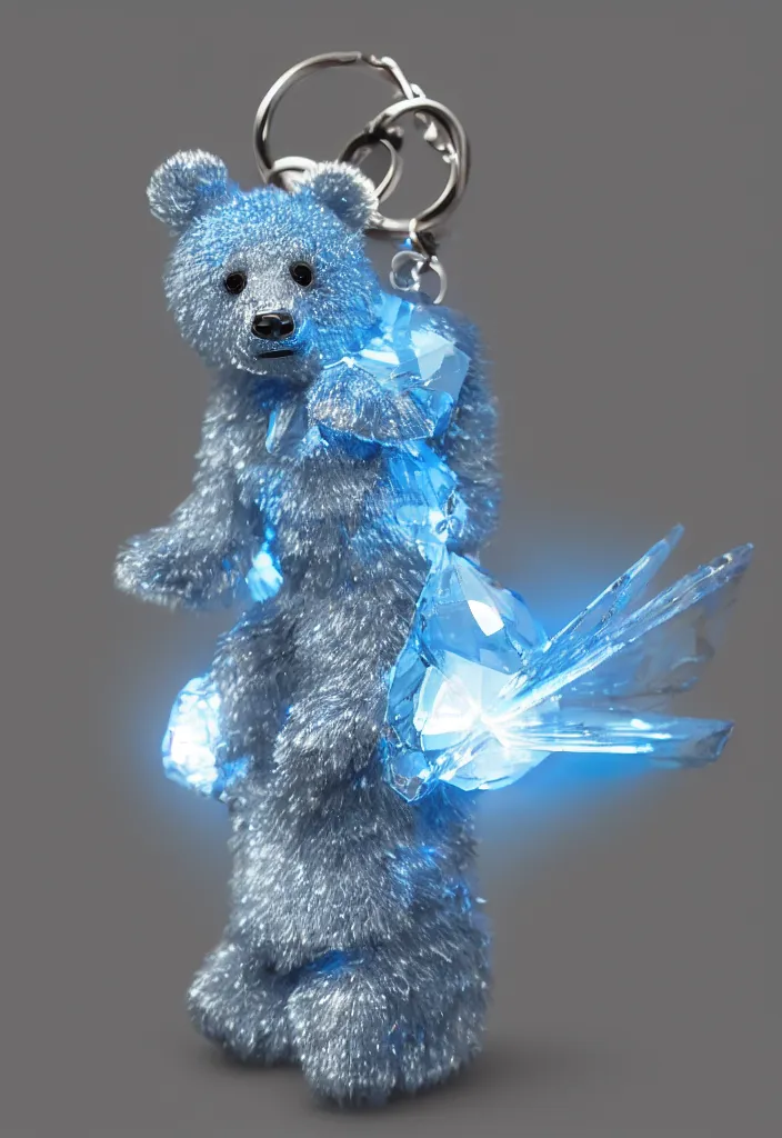 Image similar to a small blue crystal bear keychain by greg rutkowski, sung choi, mitchell mohrhauser, maciej kuciara, johnson ting, maxim verehin, peter konig, 8 k photorealistic, cinematic lighting, hd, high details, dramatic, atmosphereric, trending on artstation