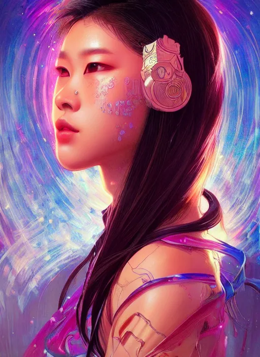 Image similar to beautiful young Asian woman, gorgeous face, sad eyes, tears, cyberpunk vaporwave aesthetic, synthwave, colorful, intricate, elegant, highly detailed, digital painting, artstation, concept art, smooth, sharp focus, illustration, art by artgerm and greg rutkowski and alphonse mucha