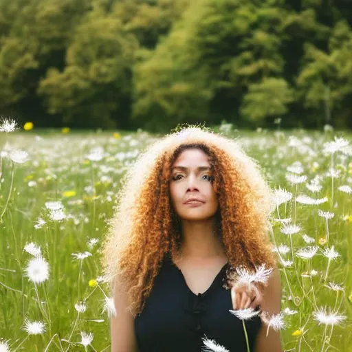 Prompt: a portrait of a beautiful 3 5 year old racially ambiguous woman, curly blond hair, standing in a field of soft focus dandelion flowers on a lovely spring day