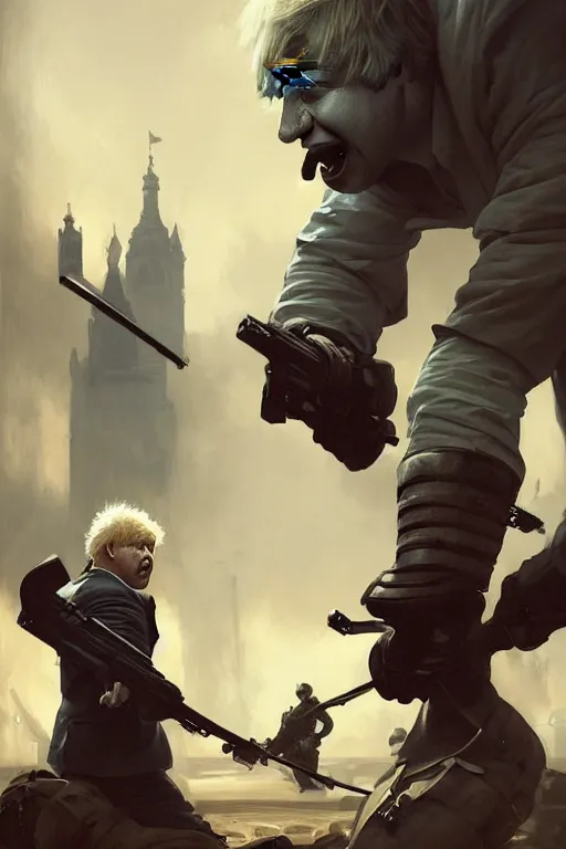 Prompt: aggressive Boris Johnson vs scared Putin, face to face staring, civil war style, highly detailed, digital painting, artstation, concept art, smooth, sharp focus, illustration, cinematic lighting, art by artgerm and greg rutkowski and alphonse mucha