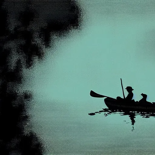 Image similar to wide angle, far view, light coming of a silhouette of a man that is rowing a little boat while its raining, digital art, but as a realistic photo