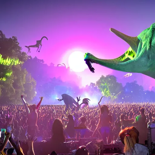 Image similar to a group of dinosaurs having a rave party at boom festival main stage, rendered in octane