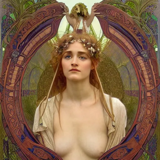 Prompt: detailed portrait art nouveau painting of the goddess of the soil, backlit, who resembles Saoirse Ronan, Kate Moss, and Emma Watson with anxious, piercing eyes, by Alphonse Mucha, Michael Whelan, William Adolphe Bouguereau, John Williams Waterhouse, and Donato Giancola