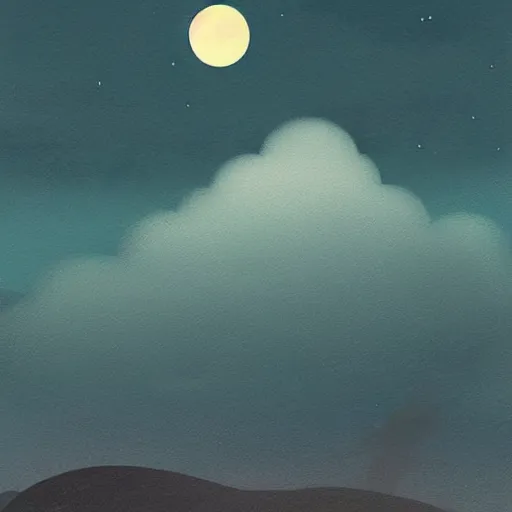 Image similar to a moon shining behind a cloudy night, cool color palette, matte painting in the style of studio ghibli