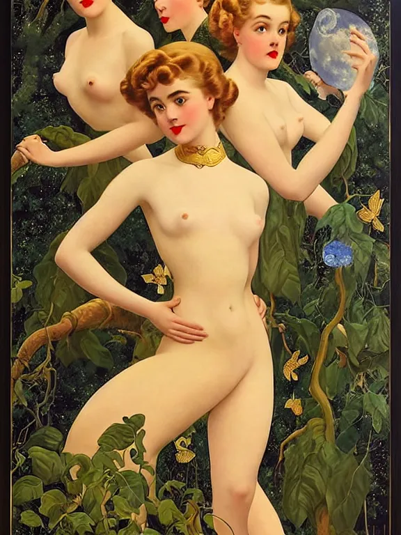 Prompt: Kiernan shipka as the three graces, a beautiful art nouveau portrait by Gil Elvgren and Gerald Brom and Alberto Vargas and Bill Henson, Moonlit forest environment, centered composition, defined features, golden ratio, golden jewelry