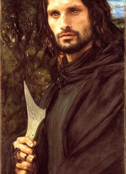 Prompt: a beautiful painting of aragorn by John Everett Millais and Dante Gabriel Rossetti and John Collier and john william waterhouse, pre-raphaelite, detailed, trending on artstation, hd, masterpiece