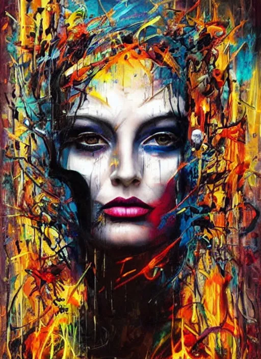 Image similar to enlightened magic cult psychic woman, painted face, third eye, energetic consciousness psychedelic, epic surrealism expressionism symbolism, story telling, iconic, dark robed, oil painting, symmetrical face, dark myth mythos, by sandra chevrier, joan mitchell masterpiece