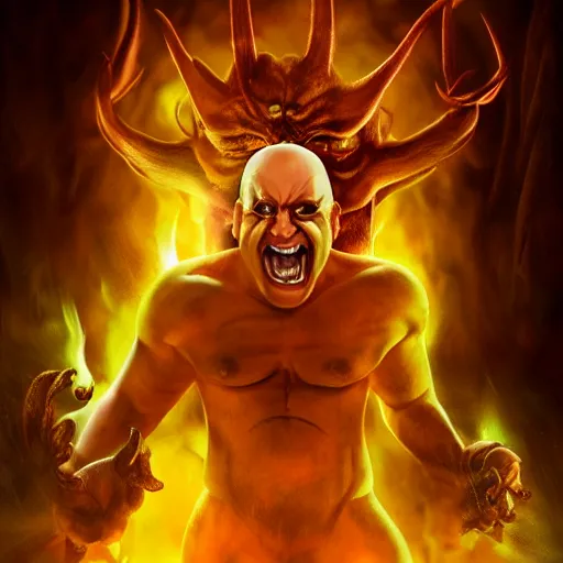 Prompt: demon danny devito, glowing white spiky hair, veiny flesh, in hell, hd