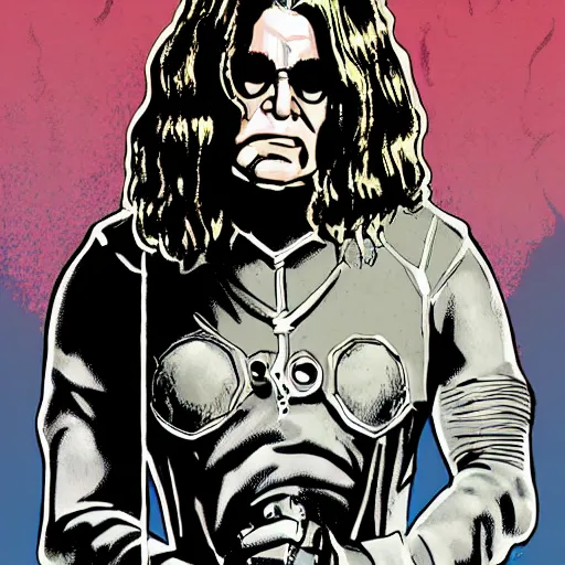 Prompt: Ozzy Osbourne as a Marvel Villian character style,drawing by James Raiz