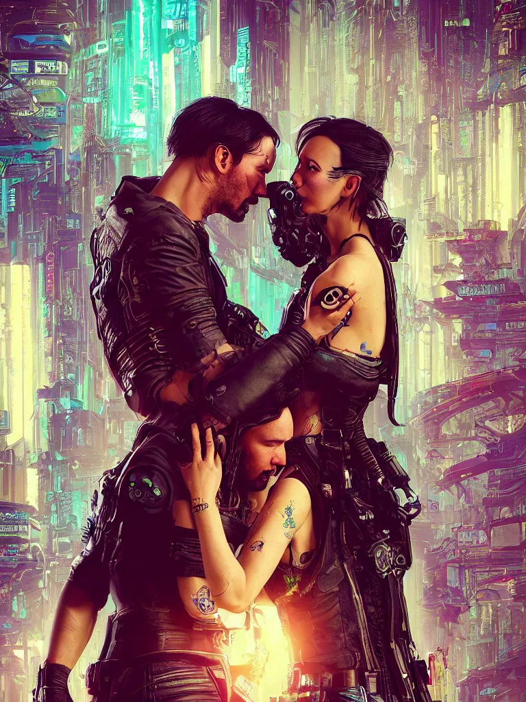 Image similar to a cyberpunk 2077 wedding couple portrait of Keanu Reeves and V in love story,pray,hug,hold,kiss,film lighting,by Lawrence Alma-Tadema,Andrei Riabovitchev,Laurie Greasley,Dan Mumford, John Wick,Speed,Replicas,artstation,deviantart,FAN ART,full of color,Digital painting,face enhance,highly detailed,8K,octane,golden ratio,cinematic lighting, no extra heads, no extra people