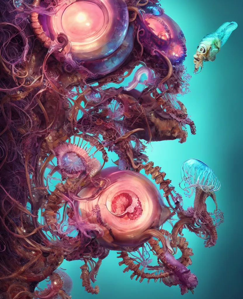 Image similar to goddess close-up portrait ram skull, thorax, x-ray, backbone, jellyfish phoenix head, nautilus, orchid, skull, betta fish, bioluminiscent creatures, intricate artwork by Tooth Wu and wlop and beeple. octane render, trending on artstation, greg rutkowski very coherent symmetrical artwork. cinematic, hyper realism, high detail, octane render, 8k