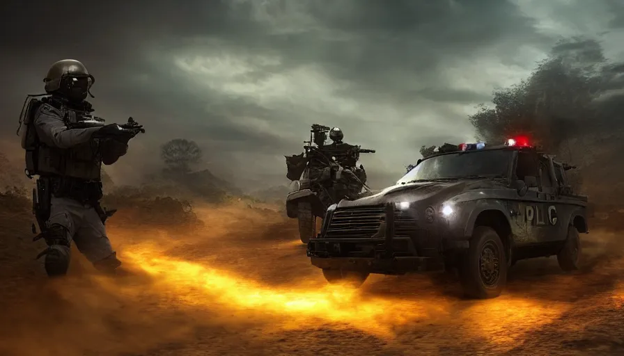 Prompt: a militarized police vehicle riding through a kerala village, furious action scene, an epic fantasy, dramatic lighting, cinematic, establishing shot, extremely high detail, photorealistic, cinematic lighting, artstation, matte painting, octane render, hdr, by Christopher Nolan, horizon forbidden west