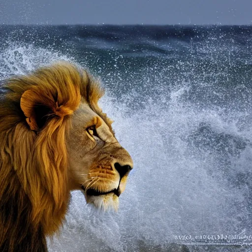 Image similar to a lion's face breaching through a wave, stormy weather