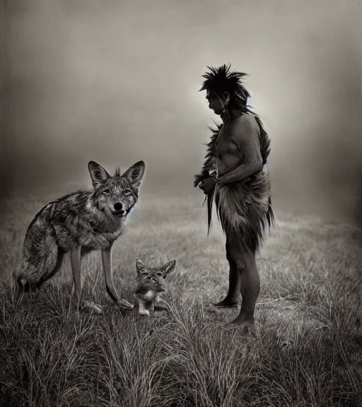Prompt: Award winning Editorial photo of a Iroquois Native petting a wild coyote by Edward Sherriff Curtis and Lee Jeffries, 85mm ND 5, perfect lighting, gelatin silver process