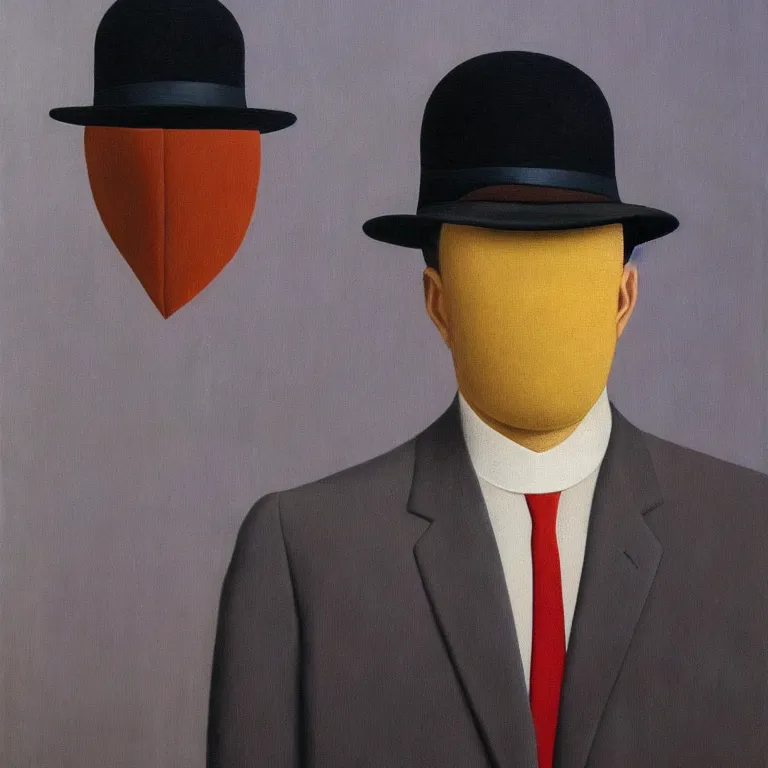Image similar to portrait of man in a suit with hidden face by rene magritte, detailed painting, hd, hq, high resolution, high detail, 4 k, 8 k