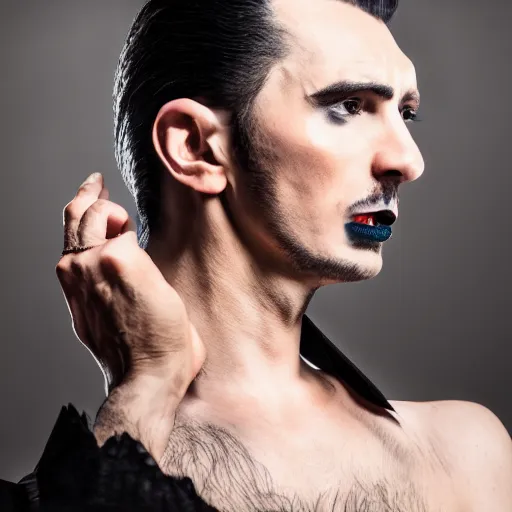 Prompt: side portrait of dracula, aggressive, fashion photo, studio photo, photorealistic, ultra detailed, bokeh.