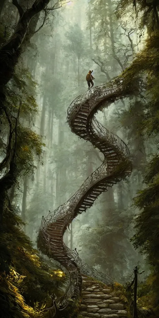 Image similar to a man walking up a steep and winding staircase, in magical woods, intricate, elegant, highly detailed, unreal engine, artstation, concept art, sharp focus, beautiful illustration, society, by justin gerard and artgerm, 8 k