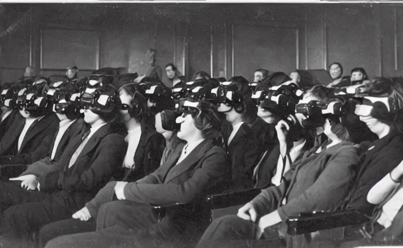 Image similar to 1 9 0 0 s photo of people wearing virtual reality headsets vr in a movie theater masterpiece