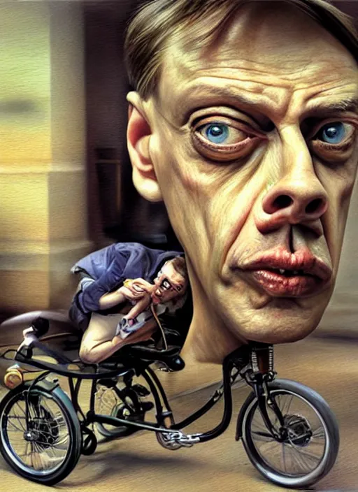 Image similar to hyperrealism steve buscemi riding a tricycle, light effect, hyper detailed, claymation, cartoon, detailed, realistic materials, sharp focus