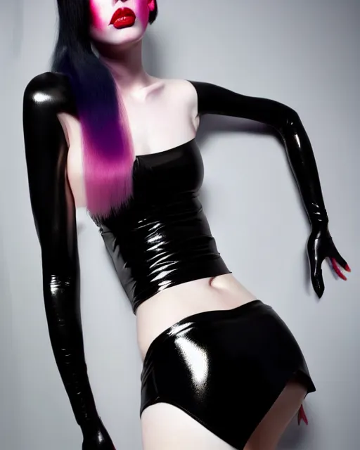 Image similar to a torso portrait of pale skin goth in shiny latex mini skirt and shiny latex tank top, very long curvy black hair explosion, red lips, pastel makeup, paint by ilya kuvshinov and ross tran and karol bak and stanley lau and anna dittmann and artgerm and xiaoguang sun and tian zi