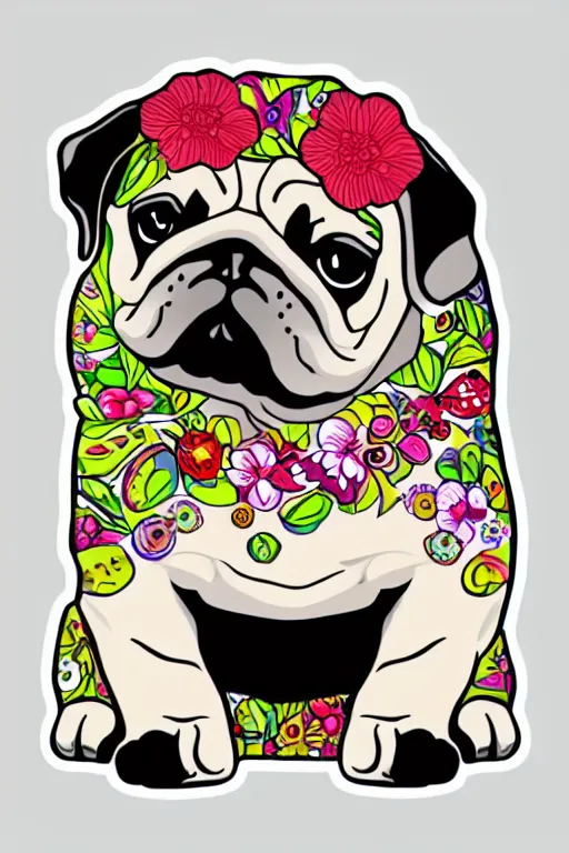 Image similar to portrait of a flower pug, art by milka oxana, sticker, colorful, illustration, highly detailed, simple, smooth and clean vector curves, no jagged lines, vector art, smooth