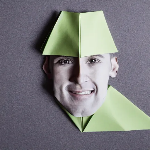 Image similar to a 2 d flat paper origami portrait of a caucasian man with wavey short hair, made from paper, friedly smile, raised eyebrows, great composition, ambient light