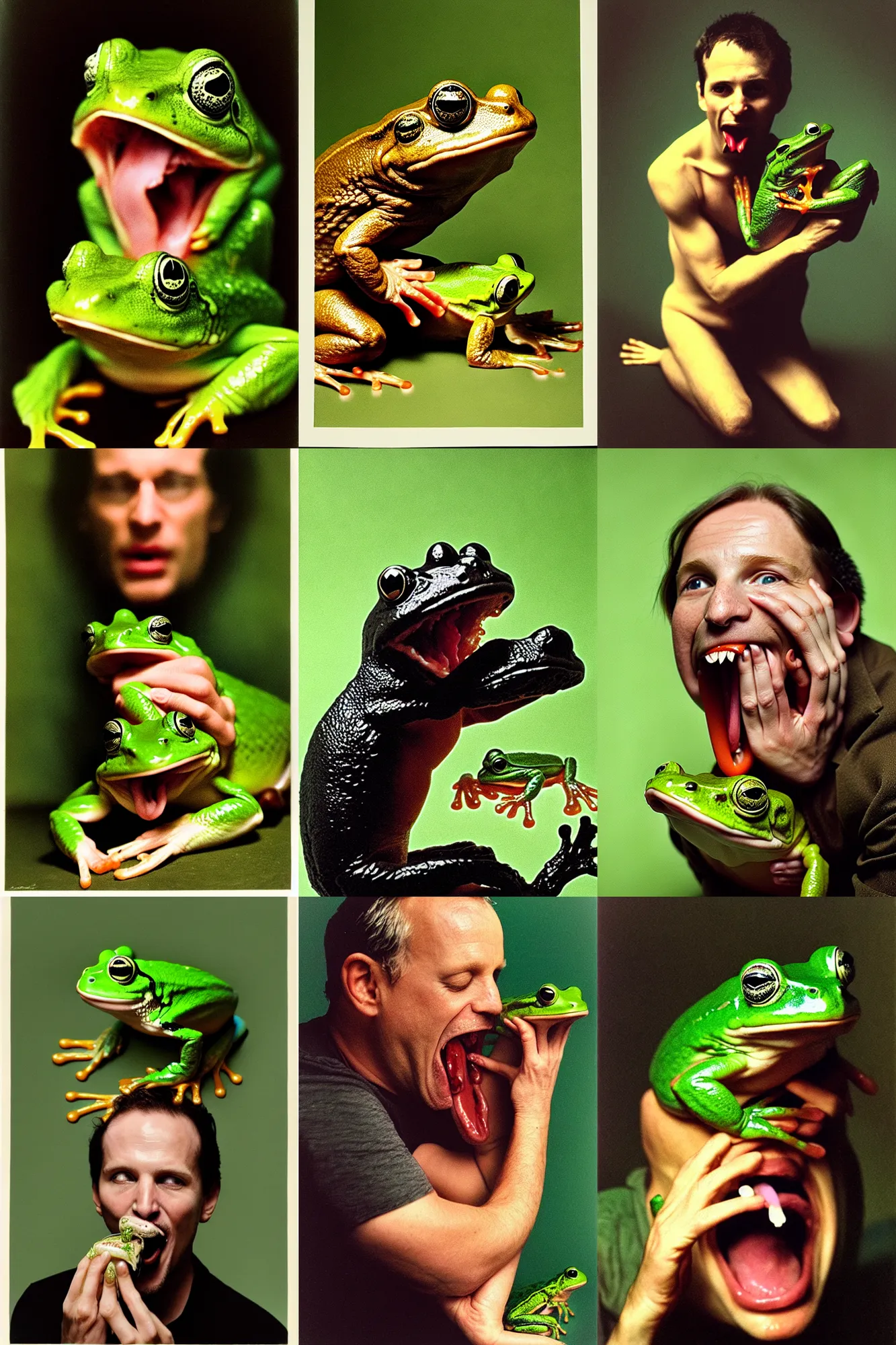 Prompt: portrait of damien licking a frog, by annie leibovitz