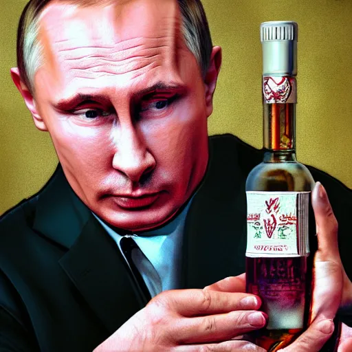 Image similar to putin holding a bottle of arak ayalim, cinematic, beautiful digital painting, hyper detailed