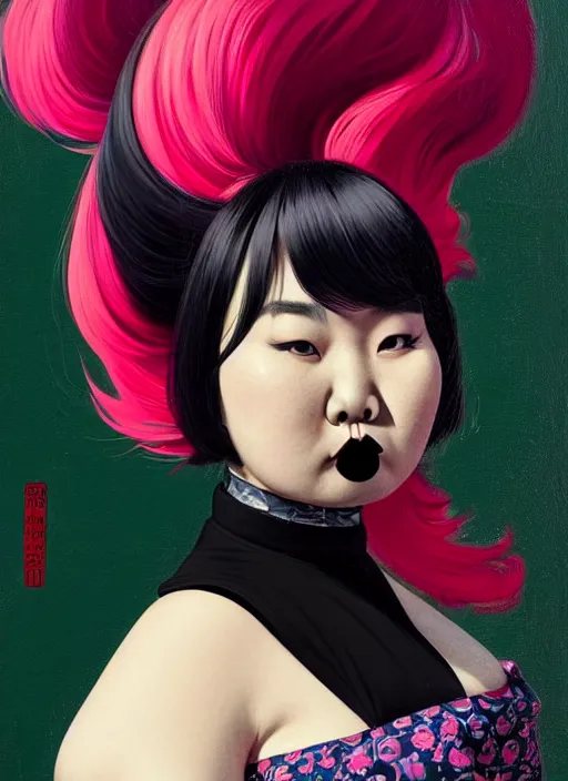 Image similar to portrait of a plump asian woman with a crooked nose and a confident expression, 1 9 6 0 s, black clothes, goth, punk, brightly coloured hair, funk, intricate, elegant, highly detailed, digital painting, artstation, concept art, smooth, sharp focus, illustration, art by wlop, mars ravelo and greg rutkowski